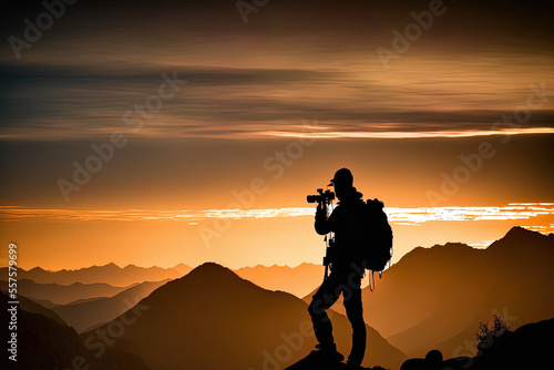 Photographer in silhouette as they capture a mountainous sunset. Generative AI