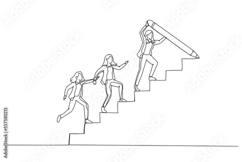 Drawing of businesswoman draw stair with pencil to lead team walk up leader guide team concept of growth. One line art style