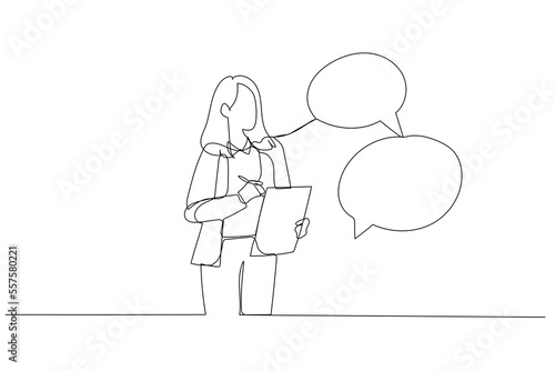 Cartoon of businesswoman taking note in the meeting while listen to others information concept of minutes of meeting. Single line art style