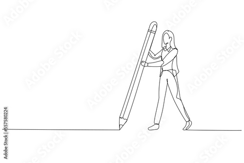 Illustration of businesswoman holding big pencil drawing the boundary line concept of privacy. Single continuous line art style