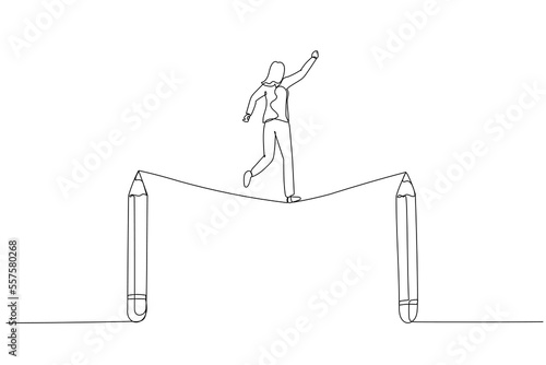 Cartoon of businesswoman walk tightrope between pencils concept of struggle in creativity. Single continuous line art