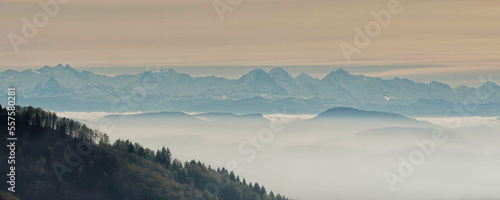 Schwarzwald Landschaft. Zeller Bergland. Spektakuläre aussicht von Zeller Blauen auf die Schweizer Alpenkette und Jura am Horizont photo