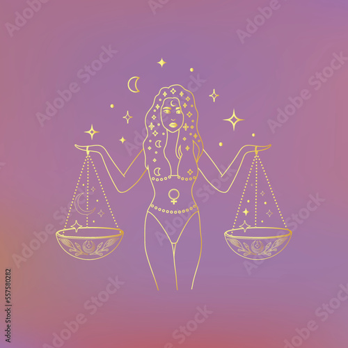 Libra Girl Zodiac Sign Design Illustrations. Esoteric Vector Element, Icon. Golden Color Option.