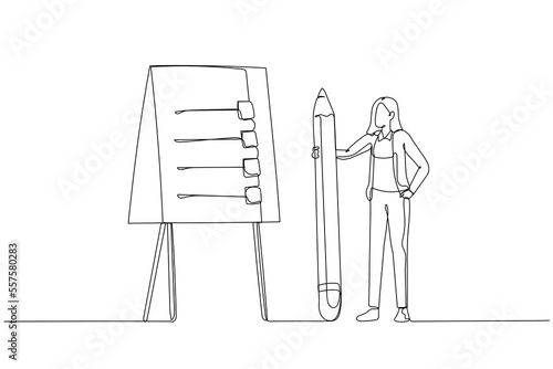 Illustration of businesswoman present action plan with checklist step on whiteboard concept of procedure. Continuous line art style