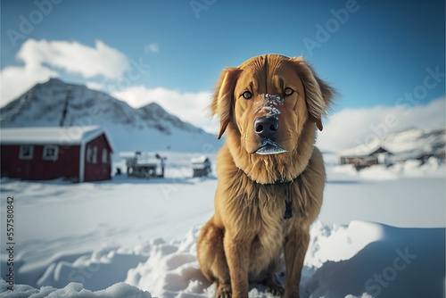 Dog portrait in snowland with sunrise with clear and fresh atmosphere  photo