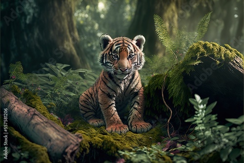 Cute young Bengal tiger cub standing curious in the forest. Cub. Generative AI