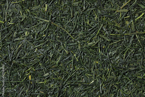High quality Japanese Gyokuro sencha dried tea leaves close up full frame as background  photo