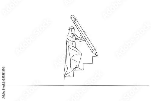 Cartoon of businesswoman use huge pencil draw staircase climbing up ladder concept of business development. Single line art style