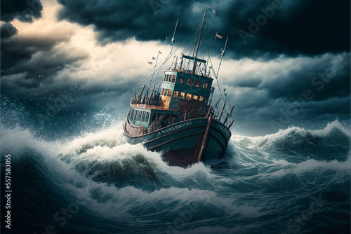 ship in the rough sea on a stormy day, front view. Generative AI