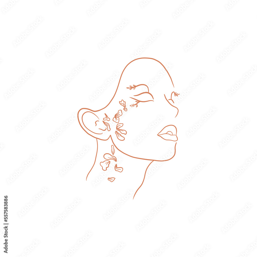 Women's Face With Flowers Line Art