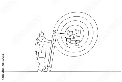 Illustration of muslim woman write down goal on notes and put on big dartboard concept of target setting. Continuous line art style