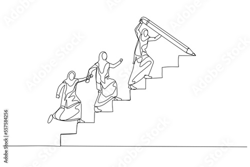 Drawing of muslim woman draw stair with pencil to lead team walk up leader guide team concept of growth. One continuous line art style