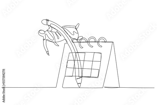 Cartoon of muslim woman using pencil pole vault jumping over calendar concept of flexible work. Single line art style