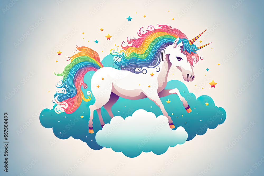 Fototapeta premium Rainbow unicorn in foggy sky on a backdrop for banners, cards, brochures, social media backgrounds, etc. Generative AI