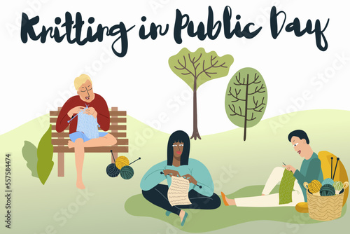 Different people man and woman knits at park sitting on bench or sitting on the ground, grass. 
World wide Knit in public place day. Hobby time. Vector cute set flat characters cartoon illustration.