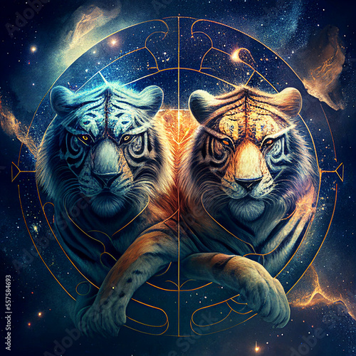 gemini sign, zodiac sign, gemini, cosmos, 3d, two tigers, tiger, wallpaper, background, ai generated