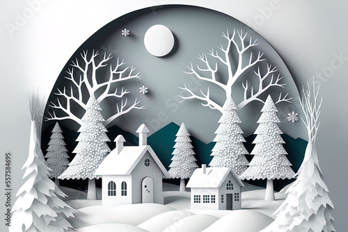 With an evergreen tree, a home, a snowman, the moon, and snowflakes, this papercraft winter scene. Christmas tree with holiday scenery. online banner Image in format. Happy holidays. Outdoor st
