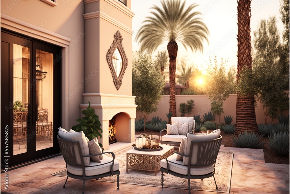 Patio with outdoor furniture and large fireplace. Evening sun in the yard. Backyard with armchairs and palm trees.  Generative AI