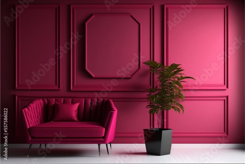Viva magenta is a trend colour in the luxury living lounge. Painted mockup wall for art - crimson red burgundy colour. Blank modern room design interior home. Generative AI