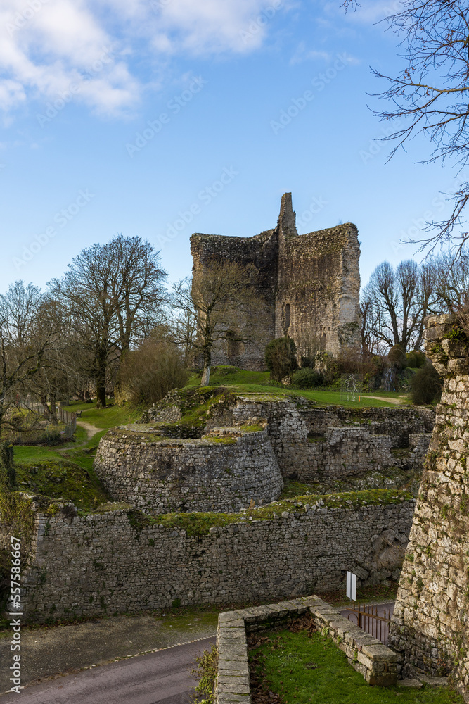 Ruines du Château de Domfront, ancien château fort du XIe siècle, en hiver