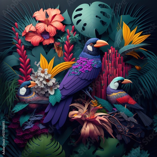 3d digital art. Drawing colorful wallpaper. tropical forest, multicolor birds, tropical plants, and flowers. Generative AI 