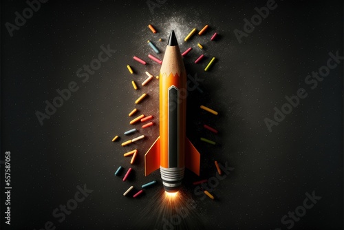 Back to school concept with rocket made from pencils over chalkboard background. Generative AI