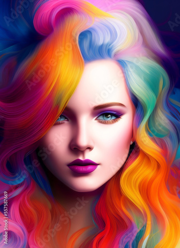 Colorful painting of a beautiful woman's face, Portrait of a beautiful woman. Generative AI