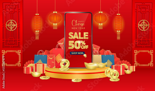 Chinese new year. Special offer sale 50% off campaign in smartphone on product podium scene with gift box, red envelopes, lantern and gold coin. Promo ad social media luxury style design. 3D Vector.