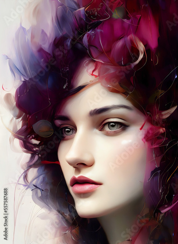 Digital portrait of a beautiful face. Abstract Illustration of a beautiful girl. Conceptual closeup of an painting. Beautiful woman painting. Generative AI