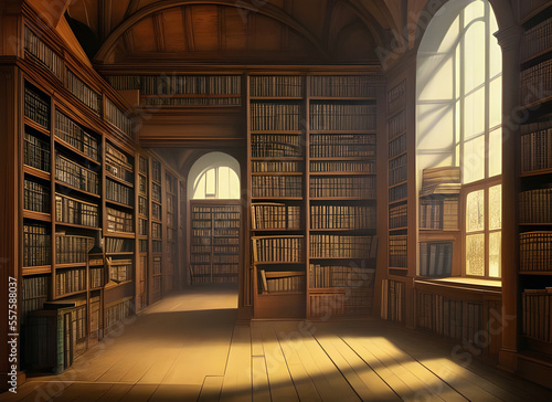 library room in an old classical type country house with books stacked high on shelves and light coming thought large windows, generative ai illustration.