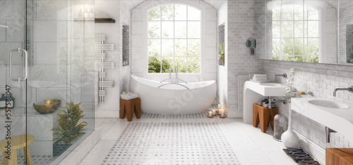 Modernes Design im Bad nach einer Altbau-Sanierung - panoramische 3D Visualisierung photo