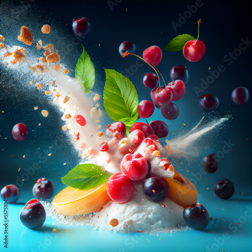 Splashing fruits on dark background