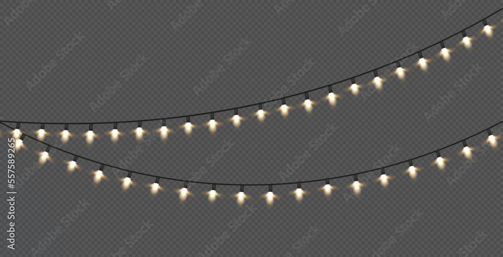 Christmas lights isolated realistic design elements. Xmas glowing lights. Christmas decorations garlands on card. 