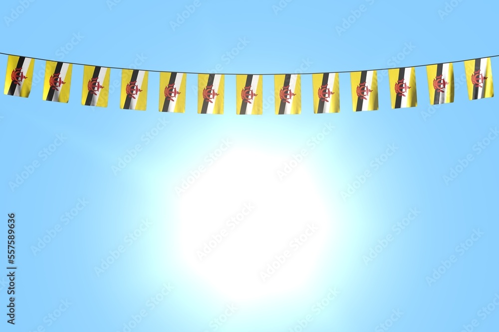 nice independence day flag 3d illustration. - many Brunei Darussalam flags or banners hanging on rope on blue sky background