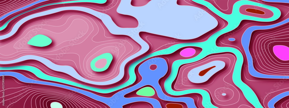 The stylized colorful papercut and topographic map with lines and circles background. Topographic map and place for texture. Topographic gradient linear background with copy space. 