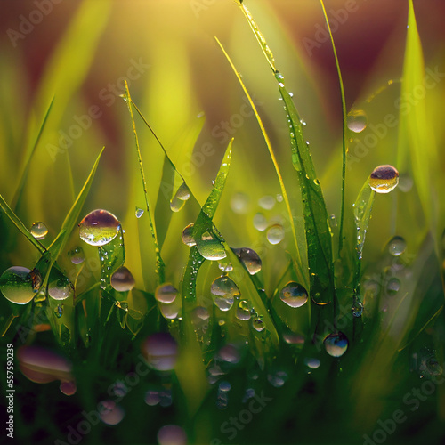 Dew drops on green grass created with Generative AI technology.