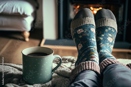 Woman warming feet on a freezing winter day; gas and electricity shortages; a chilly room; heating issues. Generative AI