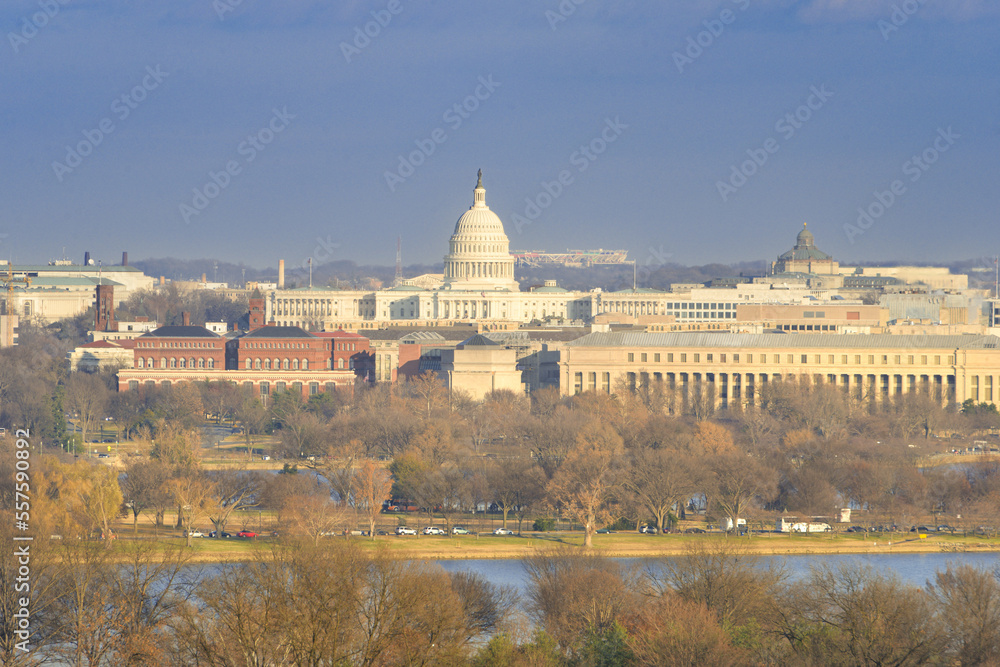 Washington DC skyline during autumn season - The major Monuments and Capitol building in the view