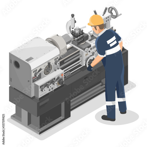 Technician work on Heavy Duty Metal Lathe Machine metalworker industrial experienced operator Maintenance concept isometric industrial machinery labor working on white background isolated