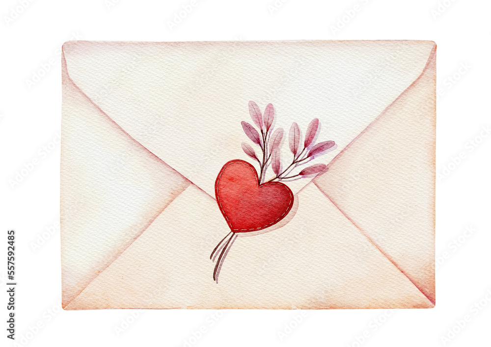 Yellow envelope with red heart. - obrazy, fototapety, plakaty 