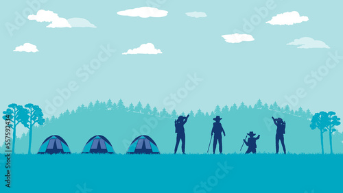 flat cartoon side view of group of hiker traveller or trekker and tent