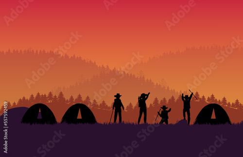 silhouette group of hiker traveller or trekker and tent on orange gradient background