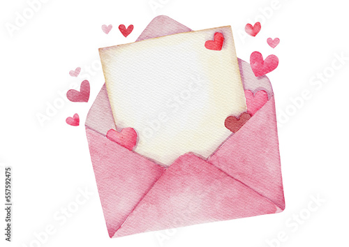 Pink envelope with blank paper and hearts in watercolor style. © kankhem