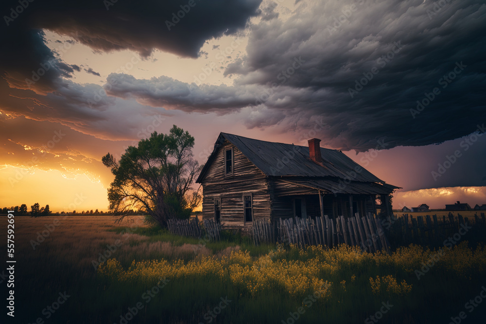 Sunset and storm clouds above an old wooden home in the countryside. Around the home, there is a little meadow of grass. Generative AI Sunset and storm clouds above an old wooden home in the countryside. Around the home, there is a little meadow of grass. Generative AI