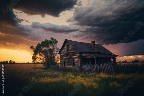 Sunset and storm clouds above an old wooden home in the countryside. Around the home, there is a little meadow of grass. Generative AI