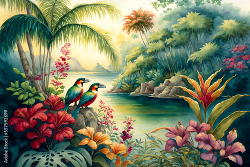 Watercolor tropical summer paradise scene with river, leaves. flowers, and birds. Generative AI. © KidSpace
