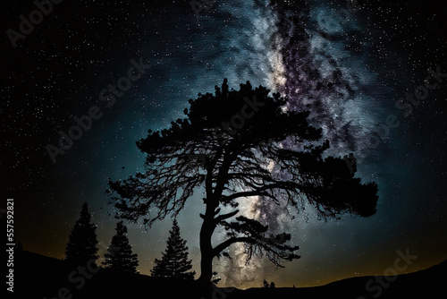 panorama of a pine tree silhouette with the Milky Way in a starry night sky. Generative AI