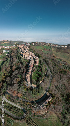 Italy, December 2022: aerial view of the beautiful medieval village of Mondaino in the province of Rimini in the Emilia Romagna region bordering the Marche region photo