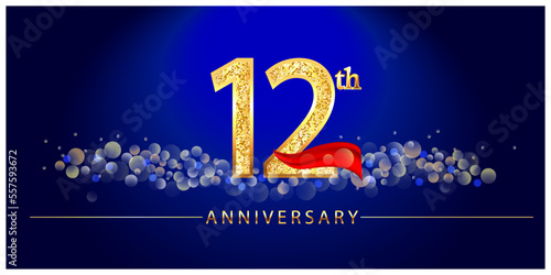 12 anniversary celebration. 12th anniversary celebration. 12 year anniversary celebration logo with glitter, confetti, red ribbon and blue background.