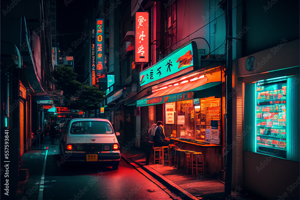 Neon illuminated city streets drawn by Artificial Intelligence